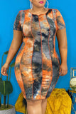Fashion Casual Plus Size Tie Dye Printing O Neck Short Sleeve Dress