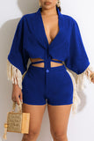 Casual Solid Tassel Bandage Split Joint Buckle V Neck Half Sleeve Two Pieces