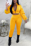Fashion Casual Puff Sleeve Yellow Solid Two Pieces