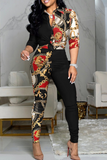 Casual Print Split Joint Turndown Collar Long Sleeve Two Pieces