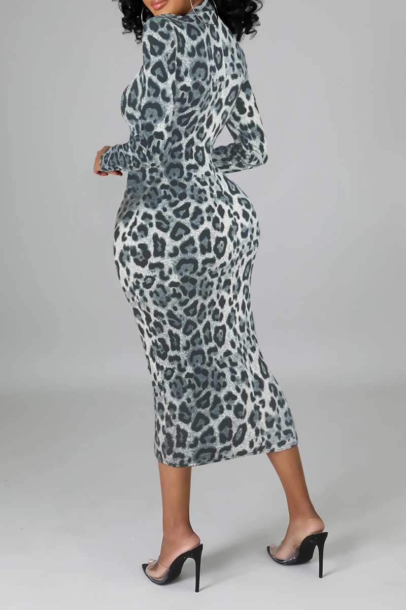 Sexy Leopard Split Joint Half A Turtleneck Pencil Skirt Dresses