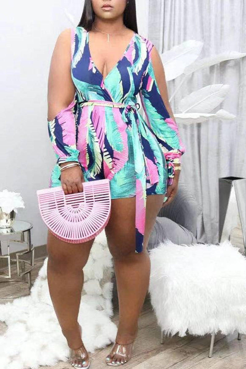 Fashion Casual Print Hollowed Out V Neck Plus Size Romper