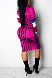 Fashion Sexy Cap Sleeve Long Sleeves V Neck Lantern skirt Knee-Length Print Patchwork