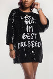 Fashion Letter Print Sequined Loose Dress