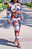 Casual Print Split Joint Buckle Knotted Turndown Collar Long Sleeve Two Pieces