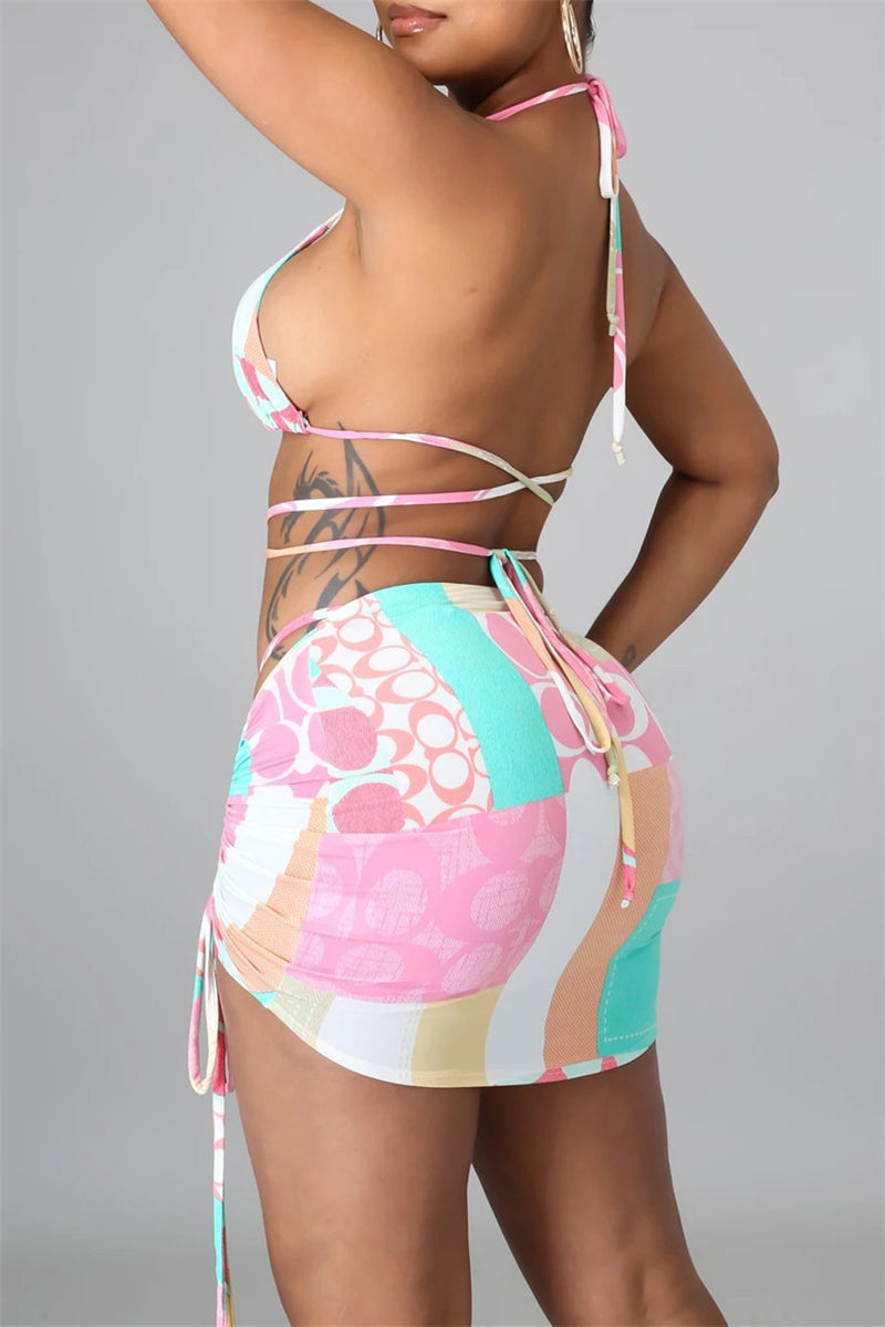 Fashion Print Backless Strap Design Swimwears Set