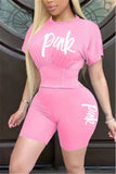 Fashion Letter Printed T-shirt Shorts Pink Casual Set