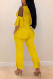 Fashion V Neck Ruffled Lace Sleeves With Irregular Yellow Jumpsuit