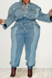 Casual Solid Make Old Split Joint Pocket Buckle Turndown Collar Plus Size Jumpsuits