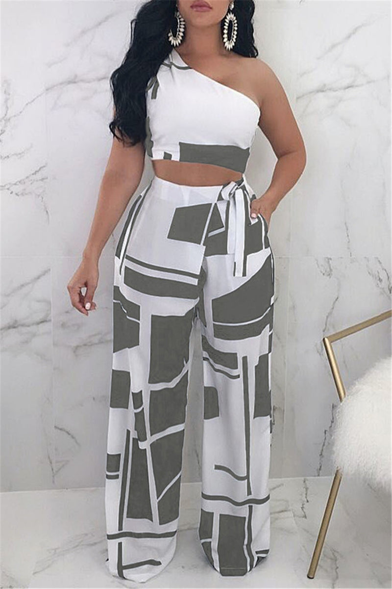 Fashion Casual Print With Bow Oblique Collar Sleeveless Two Pieces