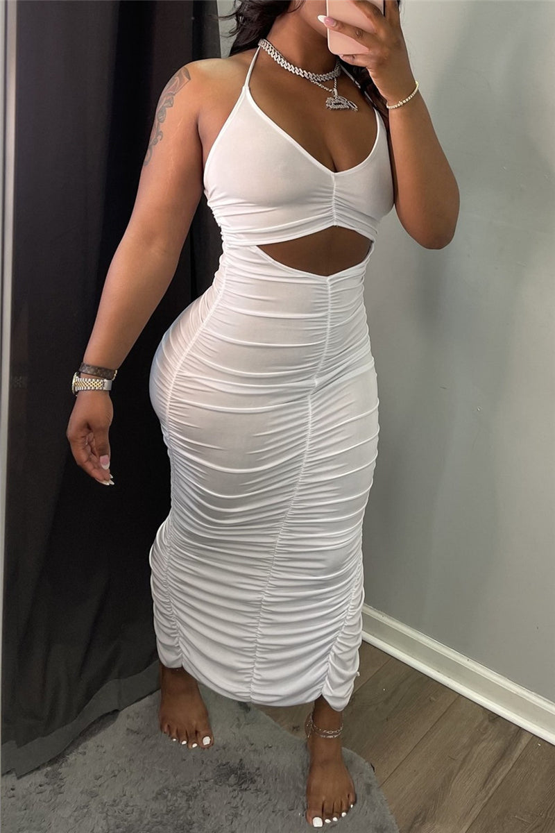 Sexy Solid Hollowed Out Backless Slit Fold Halter Sleeveless Dress
