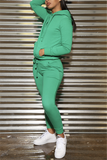 Fashion Sports Solid Color Hooded Green Long-Sleeved Two-Piece Suit