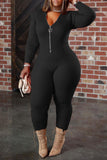 Casual Solid Split Joint Zipper Hooded Collar Plus Size Jumpsuits