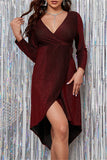 Fashion Sexy Solid Split Joint Bright Silk V Neck Long Sleeve Dresses