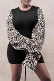 Casual Leopard Split Joint O Neck Pencil Skirt Dresses