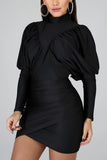 Sexy Irregularly Turtleneck Lantern Sleeve Black Dress