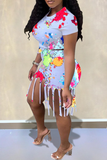 Casual Patchwork Tassel Tie-dye O Neck Short Sleeve Two Pieces