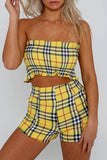 Sexy Casual Plaid Print Backless Strapless Sleeveless Two Pieces