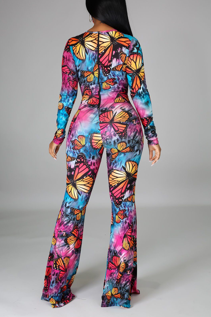 Sexy Print Hollowed Out O Neck Boot Cut Jumpsuits
