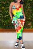 Sexy Casual Print Tie Dye Basic V Neck Regular Jumpsuits