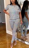 Polyester Casual Solid Two Piece Suits Patchwork Sequin pencil Short Sleeve  Two-piece Pants Set