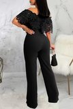 Casual Solid Lace Off the Shoulder Boot Cut Jumpsuits