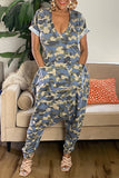 Fashion Casual Camouflage Print Patchwork V Neck Harlan Jumpsuits