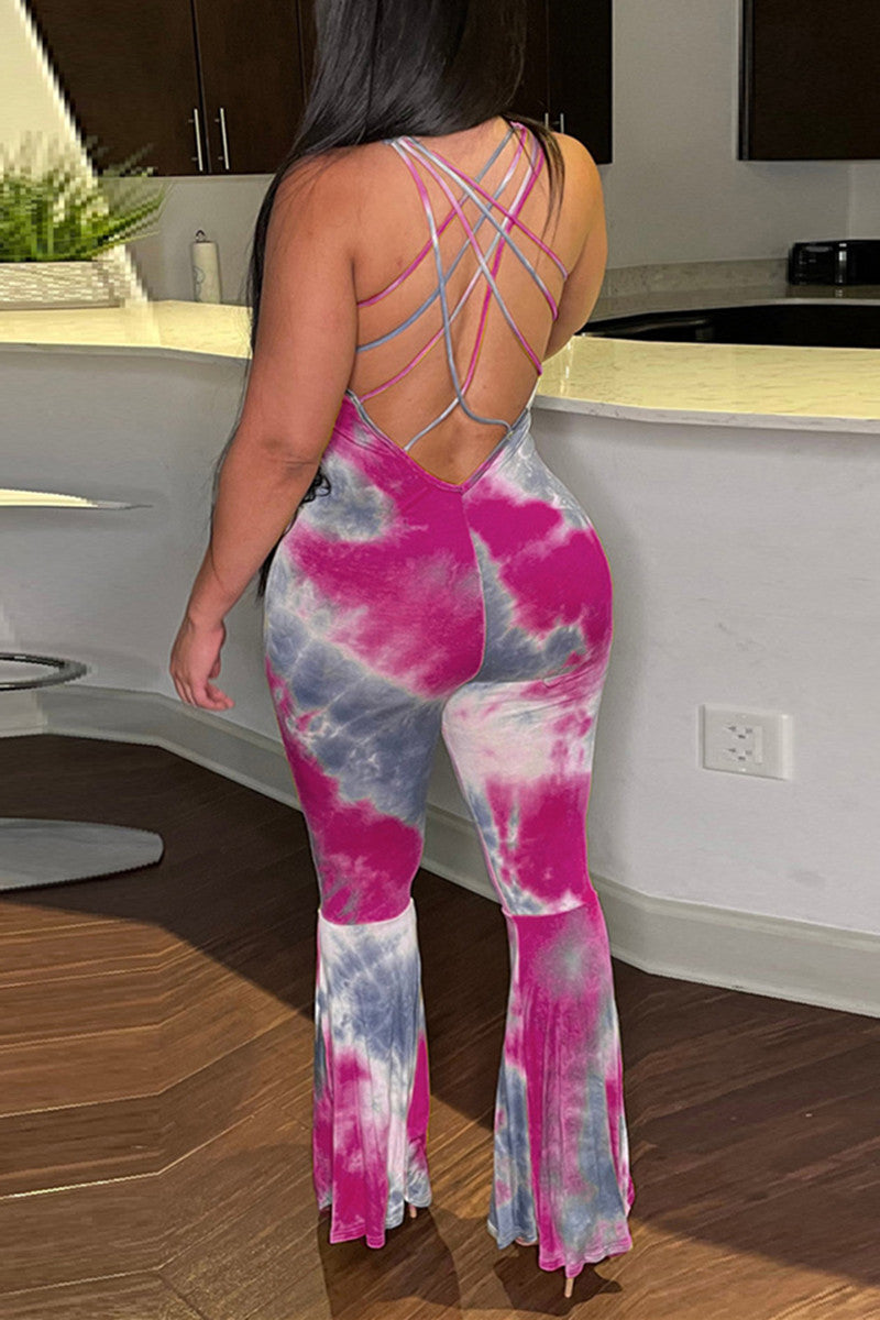 Sexy Casual Print Tie Dye Backless U Neck Regular Jumpsuits