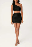 Sexy Single Shoulder Oblique Collar Black Skirt Set