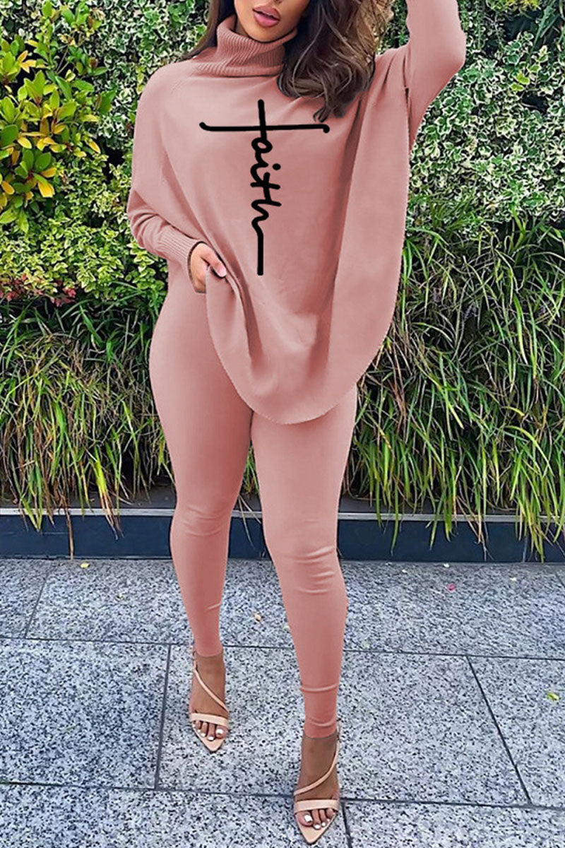 Casual Letter Print Asymmetrical Turtleneck Long Sleeve Two Pieces