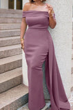 Elegant Solid Split Joint Asymmetrical Off the Shoulder Evening Dress Dresses
