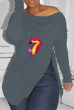 Fashion Casual Lips Printed Slit Zipper O Neck Tops