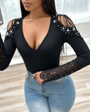 Cold Shoulder Contrast Lace Beaded Top