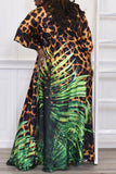 Sexy Print Leopard Patchwork Slit V Neck Straight Plus Size Dresses