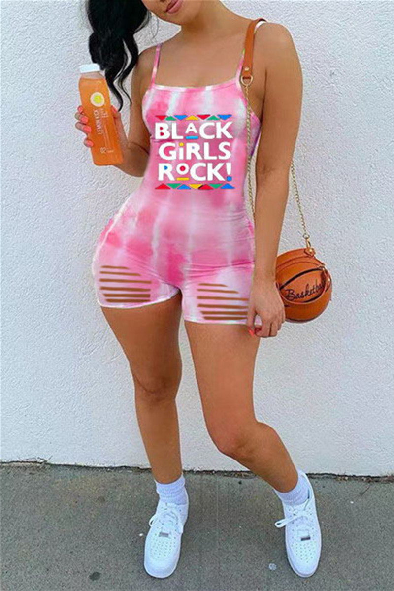 Fashion Sexy Letter Print Ripped Backless Spaghetti Strap Skinny Romper