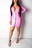 Sexy PU Bright Skin Deep V Pink Bodycon Dress