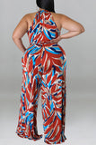 Casual Vacation Print Bandage Patchwork O Neck Plus Size Jumpsuits