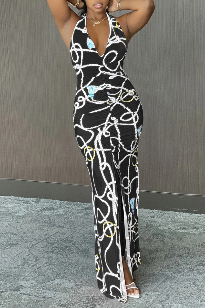 Fashion Sexy Print Backless Slit Halter Sleeveless Dress