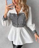 Houndstooth Print Patchwork Belted Ruched Top