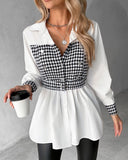 Houndstooth Print Patchwork Belted Ruched Top
