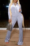Casual Solid Split Joint Turndown Collar Boot Cut Jumpsuits