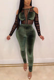 Sexy Mesh Stitching Velvet Long Sleeves Off Shoulder Jumpsuit