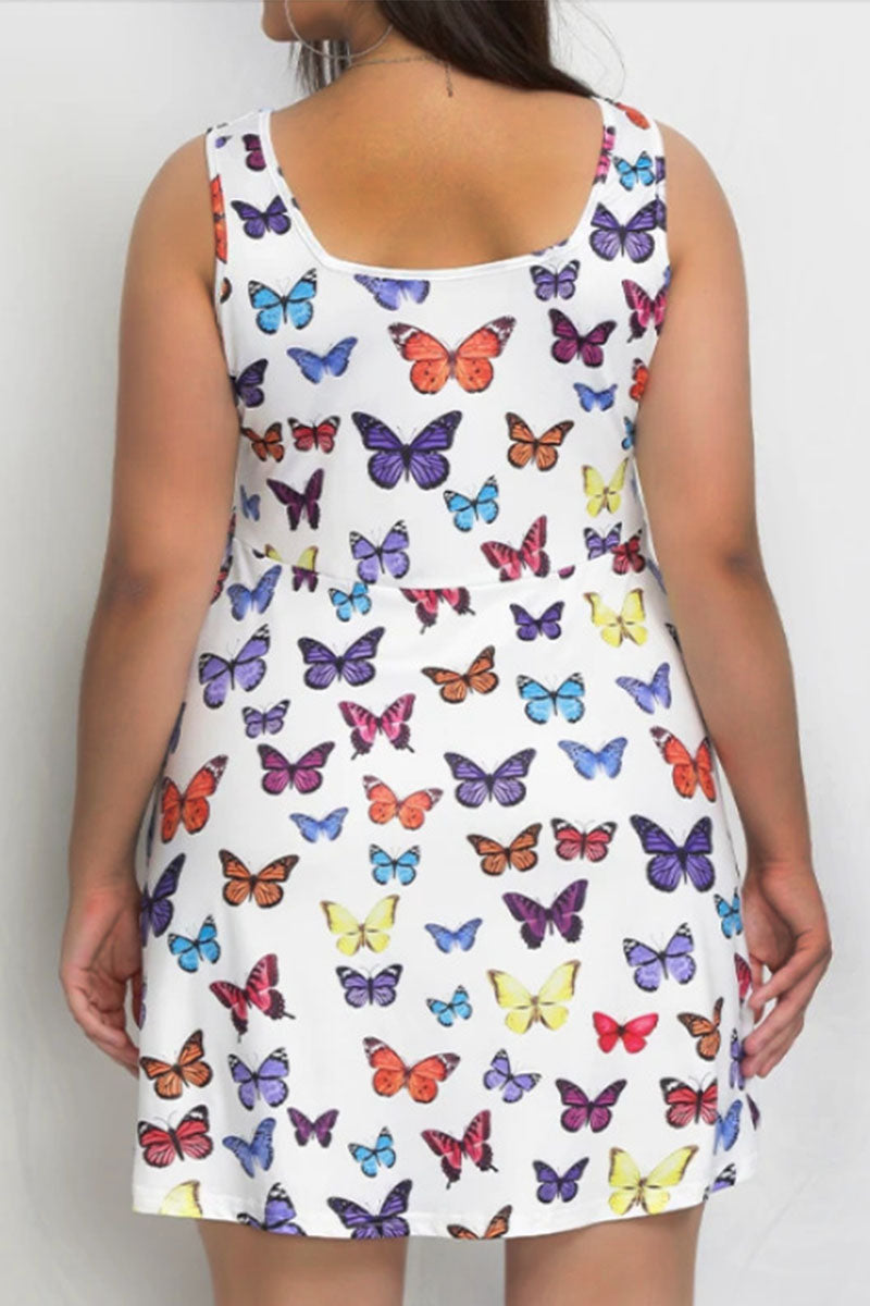 Casual Butterfly Print Split Joint U Neck Vest Dress Plus Size Dresses