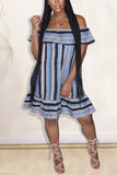 Fashion Sexy Off The Shoulder Sleeveless A-Line Knee-Length Striped ruffle Dresses