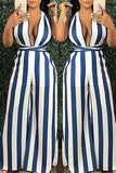 Casual Striped Blue Blending One-piece Jumpsuit