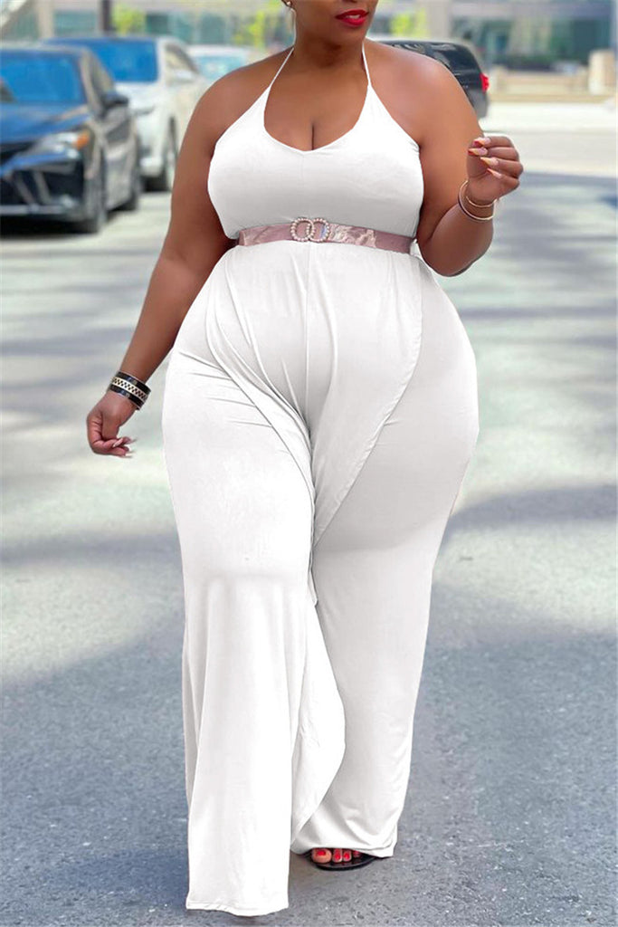 Sexy Casual Solid Backless Without Belt Halter Plus Size Jumpsuits ...