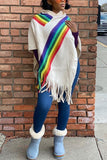 Casual Stitching Fringed Hooded Beige White Cloak Top