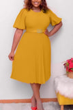 Fashion Casual Plus Size Solid With Belt O Neck Pleated Dress