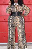 Fashion Sexy V Neck Snake Pattern Multicolor Long Sleeve Jumpsuit (Without Tie And Girdle)