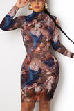 British Style Print Mandarin Collar Long Sleeve Knee Length Long Sleeve Dress Dresses